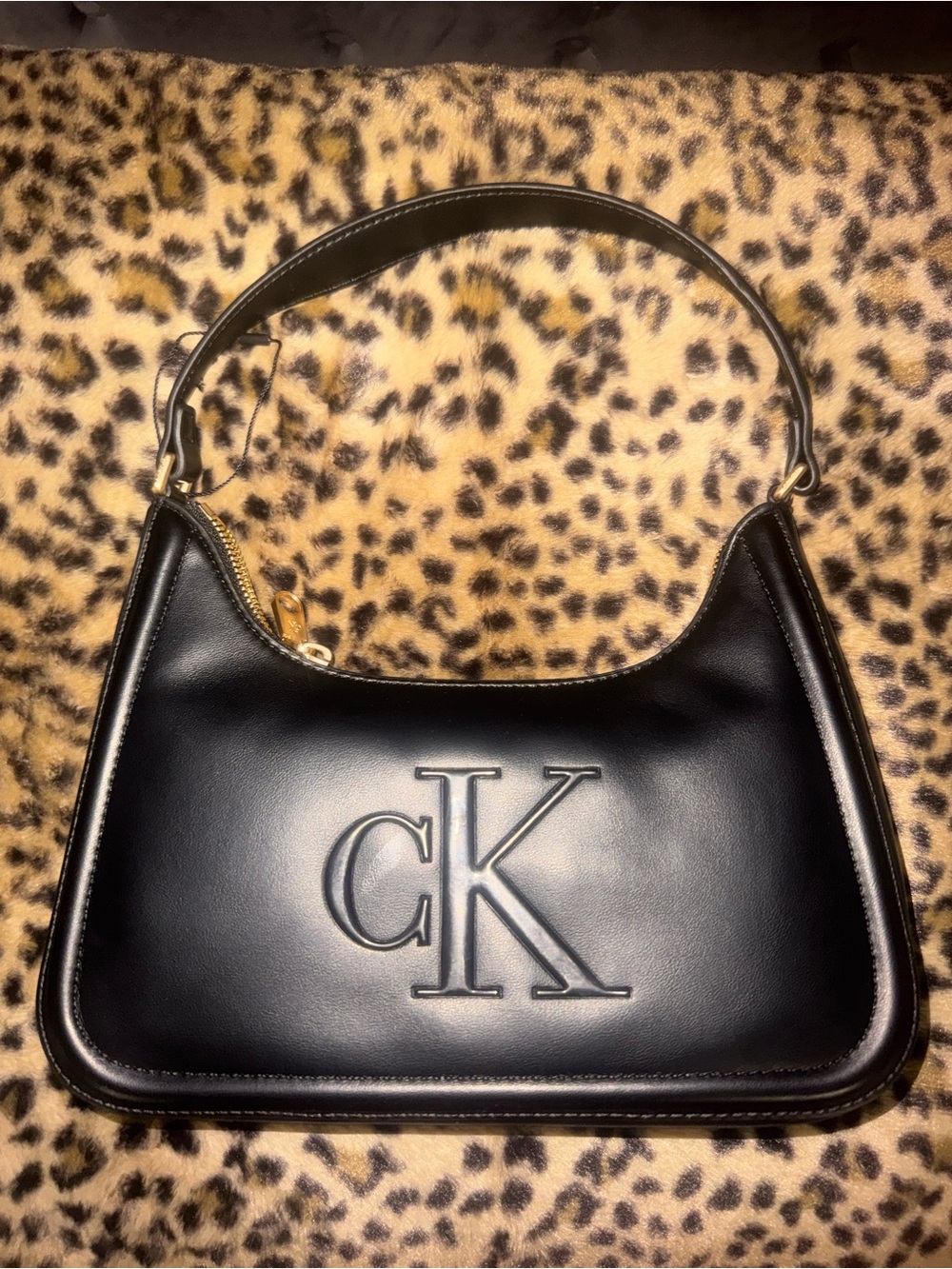 Calvin Klein Black Embossed CK Shoulder Bag with Gold Hardware